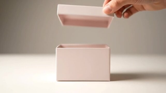 hand opening small pink gift box on white background, minimal surprise reveal concept