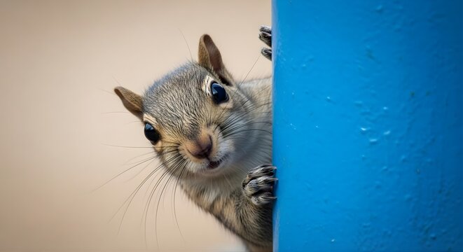 Curious Squirrel Peeking Out From Behind A Blue Object