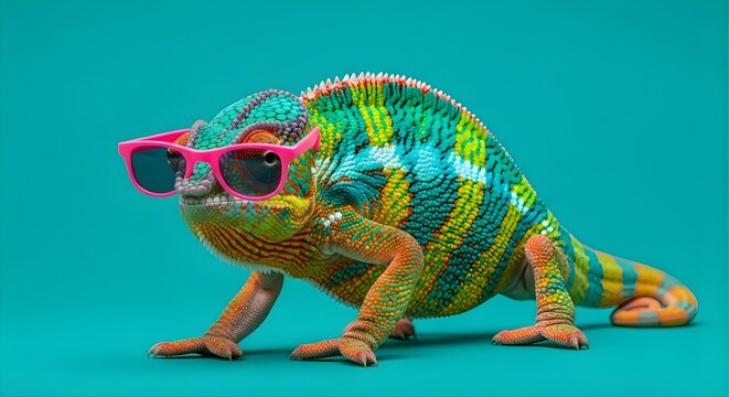 Fashionable chameleon in pink sunglasses showcasing vibrant colors on a teal backdrop