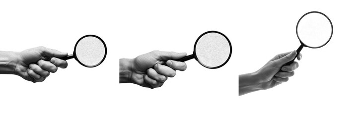 Set of Human Hand Holding Magnifying Glass in Different Angles Isolated on White Background © Ibrar