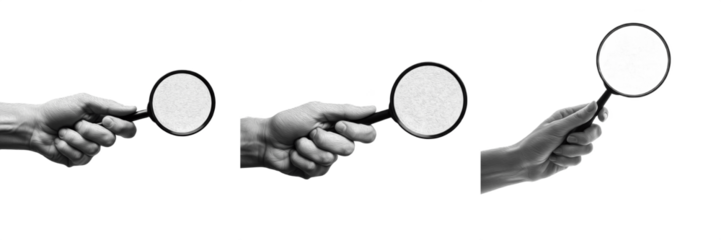 Set of Human Hand Holding Magnifying Glass in Different Angles Isolated on White Background