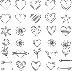 Collection of hand drawn hearts and arrows for design .