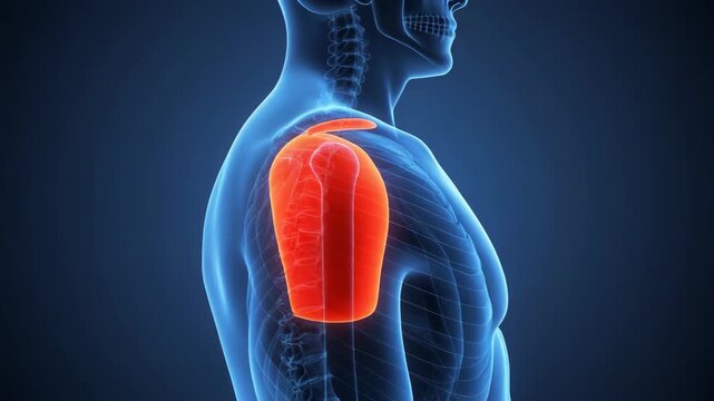 Medical visualization of human skeletal system focusing on deltoid muscle highlighted in red to show inflammation.