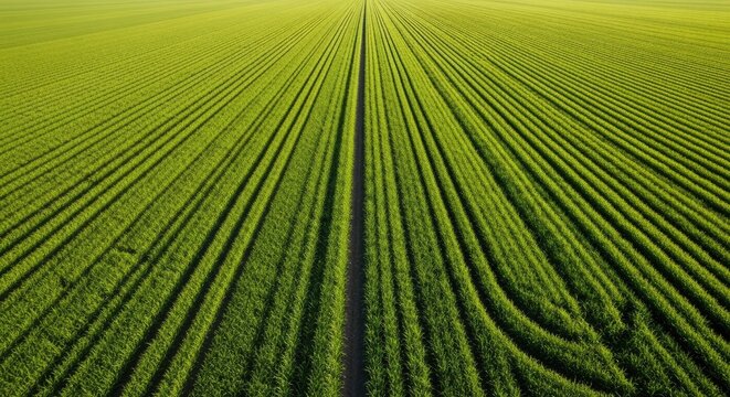 Aerial view of a vast green field with parallel lines, possibly a crop field or agricultural landscape.