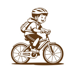 Naklejka premium Happy boy rides bicycle wearing helmet and backpack cute illustration in brown tone