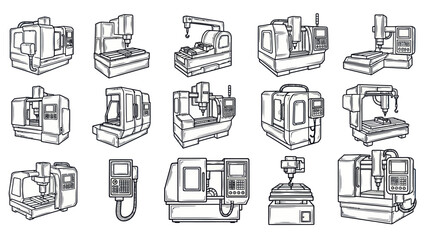 Industrial machinery set line art illustrations of milling and production equipment © Tygh