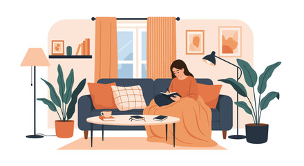 Fototapeta premium Young woman relaxing on a cozy sofa, reading a book in her living room.
