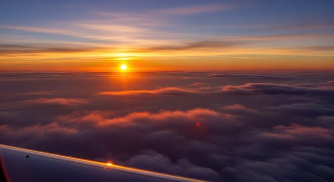 Aerial View of Sunrise Over Clouds from Airplane Window.