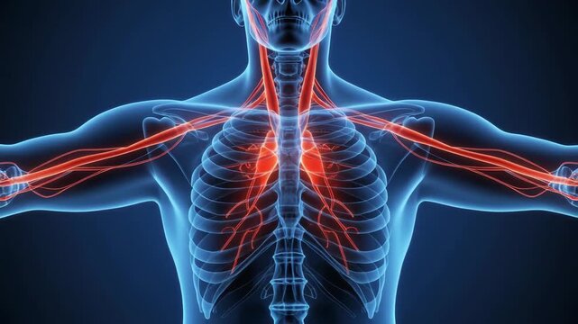 3D medical visualization highlighting the vascular system in the upper torso with glowing red arteries and veins against a transparent blue skeleton.