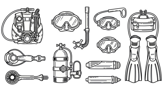 Underwater exploration equipment set isolated on white background