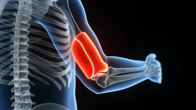 Medical 3D illustration highlighting the biceps brachii muscle in red on a transparent human skeleton to demonstrate upper arm anatomy and physiology.