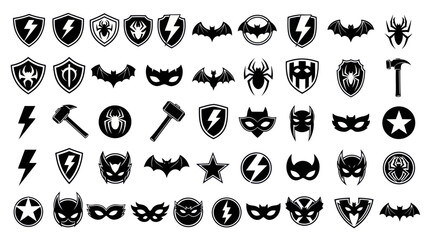 Superhero icons collection in black and white for graphic design projects © Uyhh