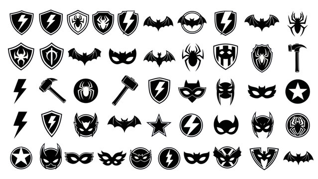 Superhero icons collection in black and white for graphic design projects