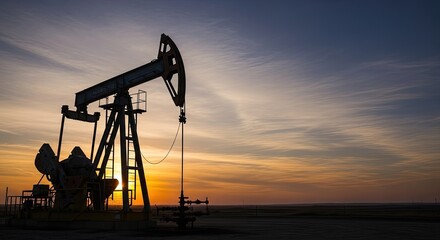 A silhouette of an oil pump jack against a sunset sky with clouds.