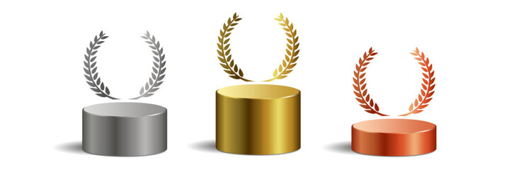 Award podium stage gold silver and bronze with wreath vector for winners. Ideal for victory ceremonies, sports champions, 1st 2nd 3rd place, and competition success.