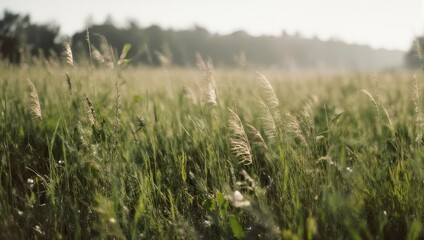 Fototapeta premium Golden field of tall grass illuminated by soft sunlight. Distant trees blur in background