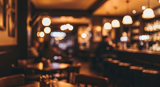 A dimly lit bar with a wooden bar counter and a variety of bottles and glasses on the shelves.
