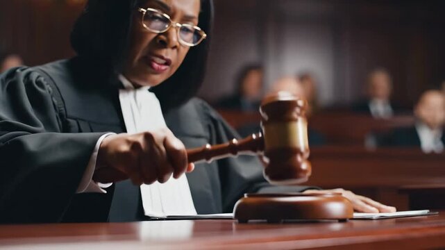 Female Judge In Black Robes And White Jabot Strikes Gavel In Courtroom with Blurred Figures in Background