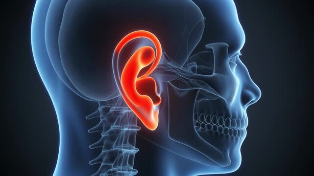 Medical visualization of human head profile with external ear highlighted in red to represent inflammation, pain, or auditory anatomy.
