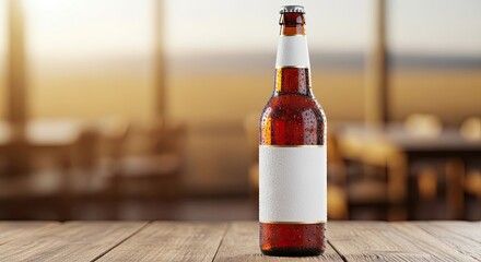 A single bottle of beer on a wooden table in a dimly lit restaurant.
