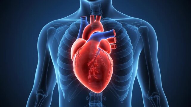 Medical visualization of anatomical human heart beating within translucent blue torso showing ribcage and skeletal structure.