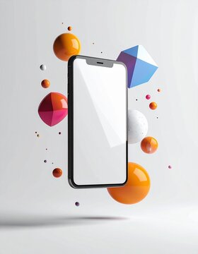 Smartphone and Geometric Elements: A modern smartphone with a blank screen floats amid vibrant, geometric shapes, representing innovation and connectivity.