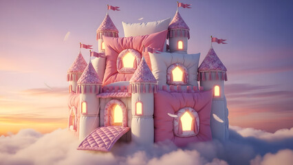 Fairytale castle made of soft pink pillows floating in clouds representing dream comfort and sleep fantasy