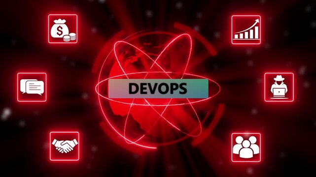 DevOps technology process with cloud computing and team collaboration. Futuristic DevOps ecosystem with growth, security, and teamwork icons.