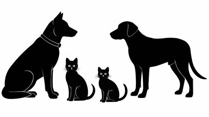 Silhouette of two dogs and two cats standing together. © Anggi