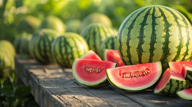 Freshly harvested giant watermelons with distinctive mottled green exterior, multiple cut sections revealing sweet crimson interior with perfect seed distribution, thoughtfully arranged on rustic
