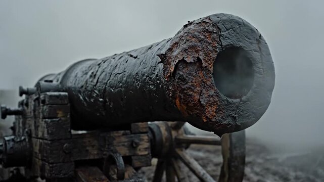 Rusty Cannon resting in a misty war environment