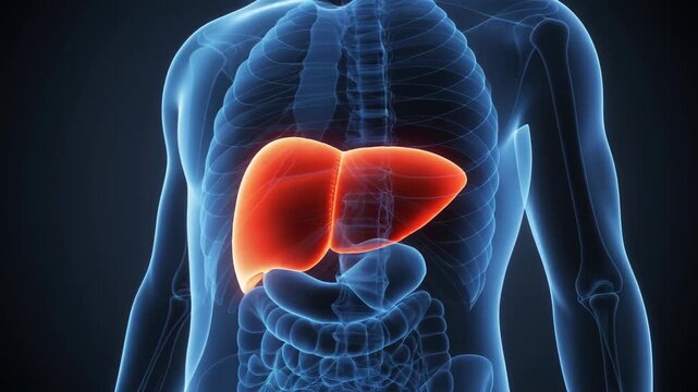 Human liver anatomy highlighted in red within a translucent blue male torso visualization.
