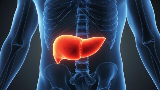 3D medical visualization of human male torso with transparent skin highlighting the liver organ in glowing red against skeletal structure.