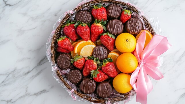 Overhead view of circular gift basket filled with chocolate-dipped strawberries, premium citrus selection and imported specialty fruits, wrapped in clear cellophane, finished with pink double-faced