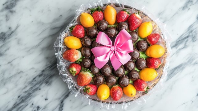 Overhead view of circular gift basket filled with chocolate-dipped strawberries, premium citrus selection and imported specialty fruits, wrapped in clear cellophane, finished with pink double-faced