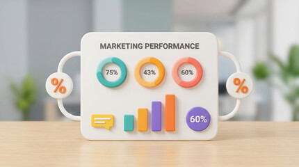 Modern 3D marketing performance dashboard on a wooden desk with colorful charts displaying business data analytics and success met