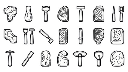Obraz premium Set of stone age tools in a black and white illustration