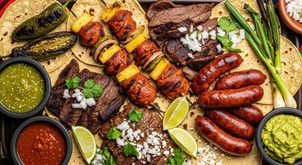 Fototapeta premium Delicious Mexican Platter with Grilled Meats, Sausages, and Fresh Salsas.