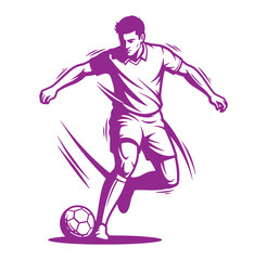 Soccer player kicking the ball action illustration in a dynamic purple and white design