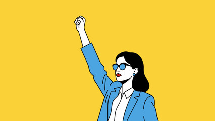 Confident Woman Professional Raising Fist in Success on Yellow Background