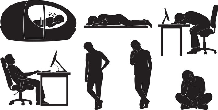 Black Solid Office Power Nap Silhouettes Set of Six on White Background