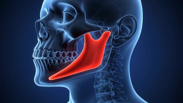 3D medical illustration of human skull profile highlighting the mandible bone in red for dental anatomy study.