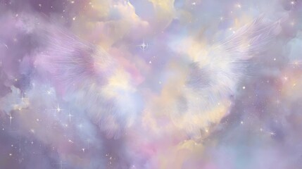 Pastel-colored dreamy sky with angel wings and stars