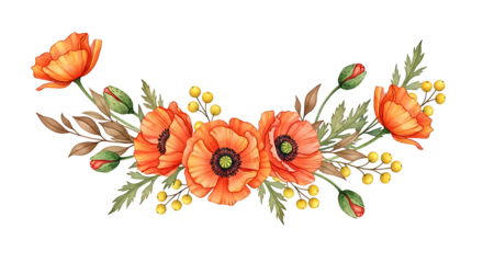 Vibrant Watercolor Illustration of Orange Poppy Flowers, Buds, and Yellow Berries