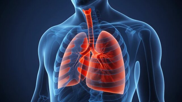 3D medical visualization of human respiratory system highlighting red lungs and trachea within transparent blue torso.