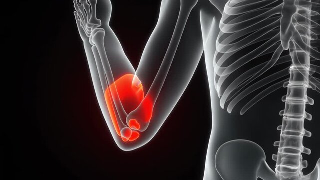 Human skeleton anatomy visualization highlighting acute elbow joint pain and inflammation.