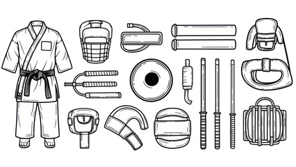 Martial arts equipment collection karate uniforms and protective gear © botot