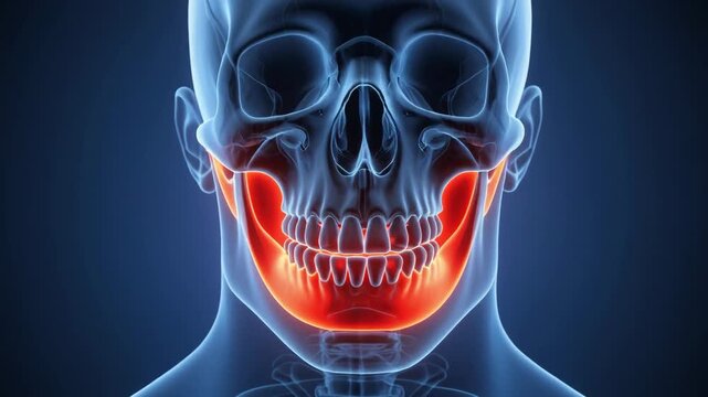 Medical illustration of human skull with highlighted red mandible indicating jaw pain or inflammation.