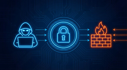 Neon blue hacker with laptop attempts to bypass glowing padlock and orange firewall showing digital security and online protection