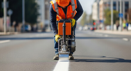 Precise road marking machine operated by construction worker painting fresh white lane line on newly paved city street during daytime urban infrastructure maintenance